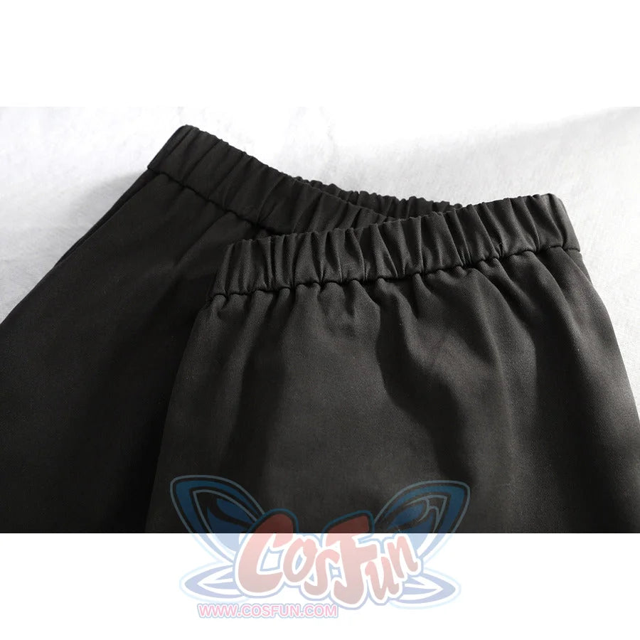 Close-up of Dunk cosplay black pants elastic waistband showing gathered fabric construction detail.
