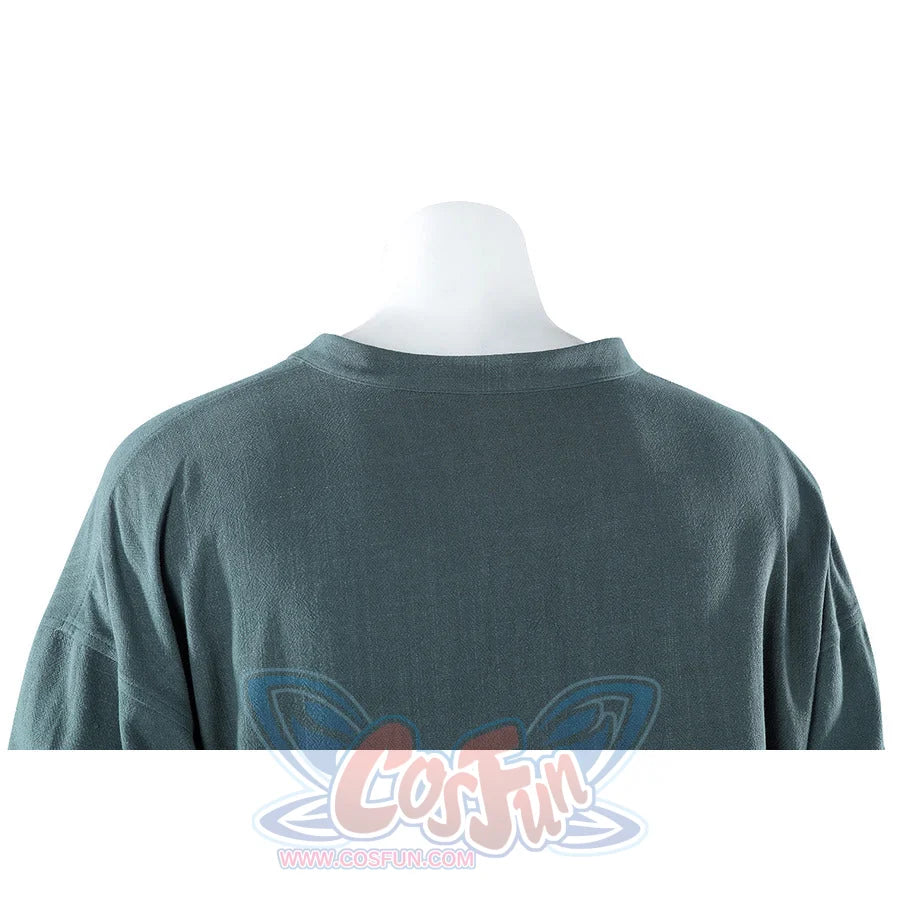 Upper back close-up of Dunk cosplay blue tunic on mannequin showing wide boxy cut and fabric texture.