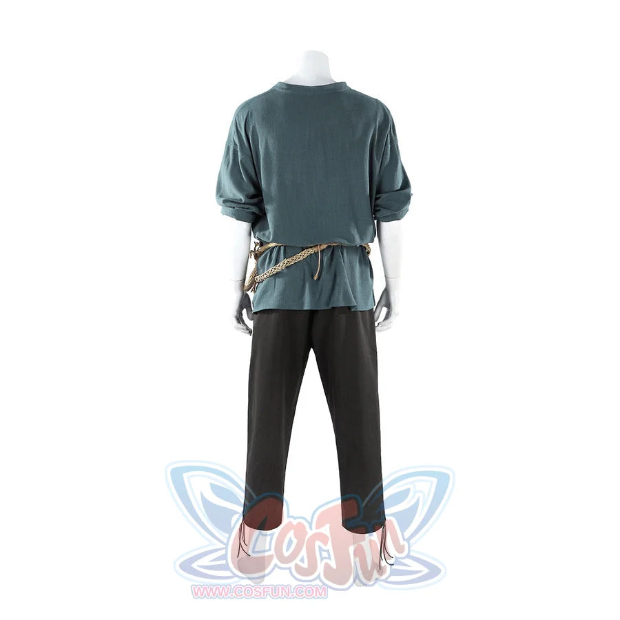 Back view of Dunk cosplay blue tunic with rope belt at waist and black pants on mannequin, no cloak.