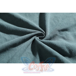Macro close-up of Dunk cosplay blue tunic fabric showing soft linen-cotton blend texture and natural folds.