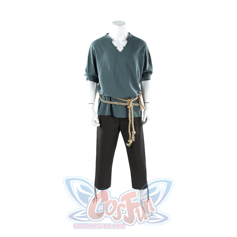Full front view of Dunk cosplay blue tunic and black pants on mannequin with braided rope belt tied at waist.