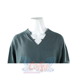 Close-up of Dunk cosplay blue tunic V-neckline on mannequin showing small snap buttons at collar opening.