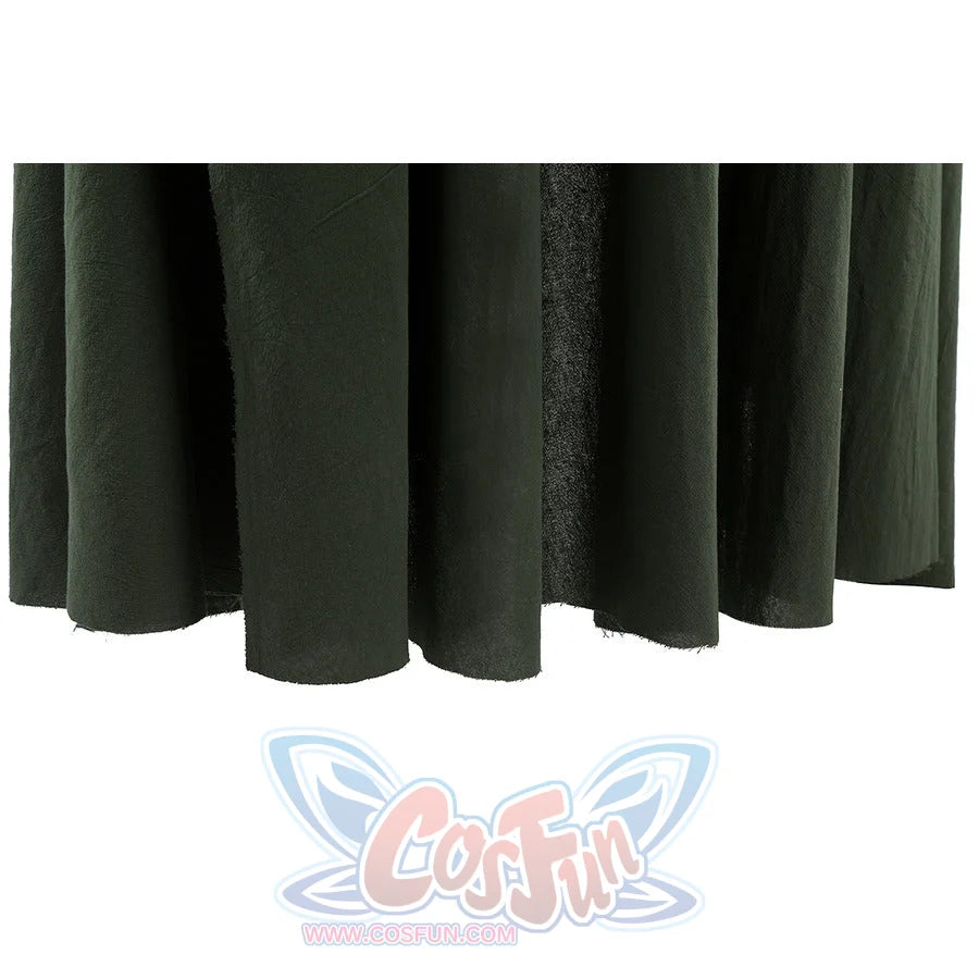 Bottom hem of Dunk cosplay green cloak showing pleated fabric folds and raw unfinished edge detail.