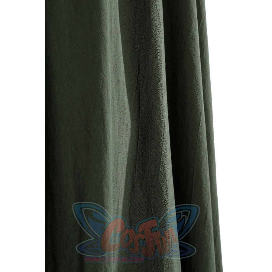 Close-up of Dunk cosplay green cloak lower section showing fabric folds and natural draping texture.