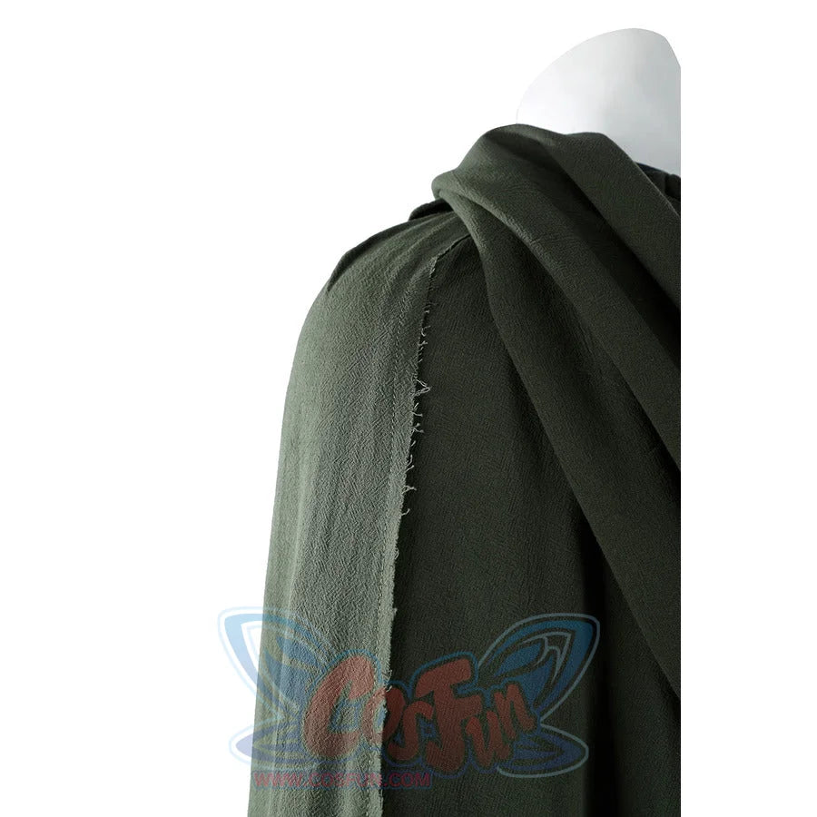 Close-up of Dunk cosplay green cloak shoulder area highlighting the raw-edge seam stitching detail.