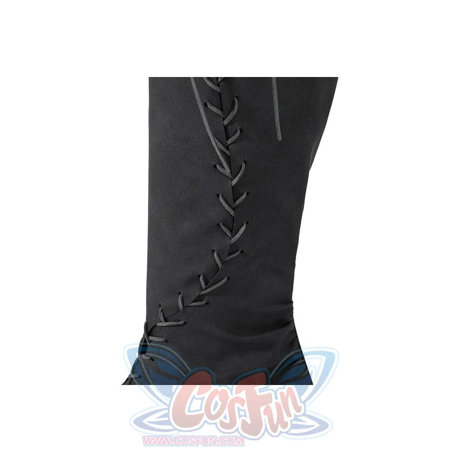 Close-up of Dunk cosplay tall dark grey lace-up boot showing detailed side lacing from shin to ankle.
