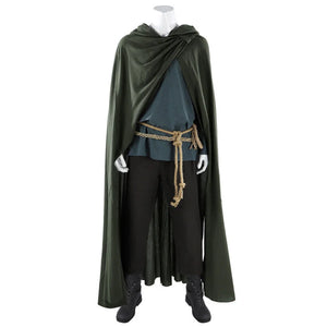 Full front view of Dunk cosplay costume with dark green hooded cloak, blue tunic, rope belt, and black pants.