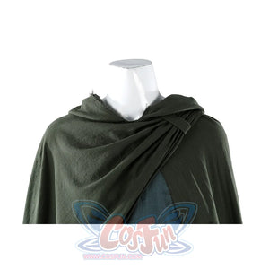 Close-up of Dunk cosplay green cloak draped over mannequin shoulders, showing fabric drape and texture.