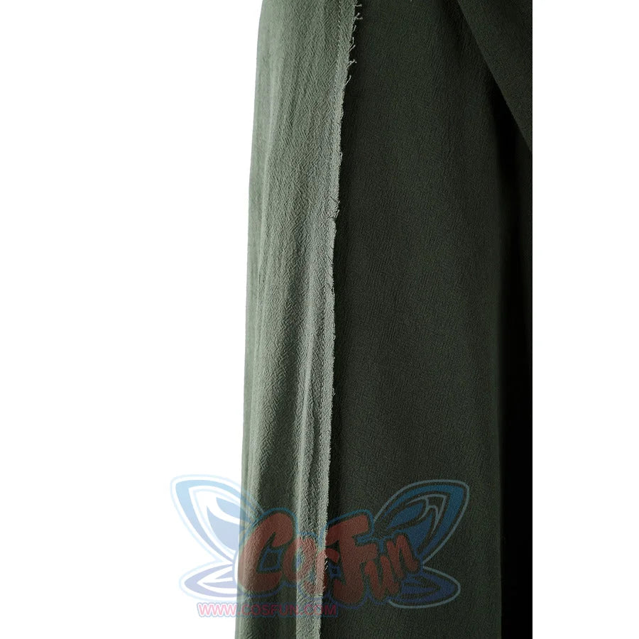 Close-up of Dunk cosplay green cloak edge showing raw frayed seam and fabric weave texture detail.