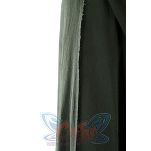 Close-up of Dunk cosplay green cloak edge showing raw frayed seam and fabric weave texture detail.