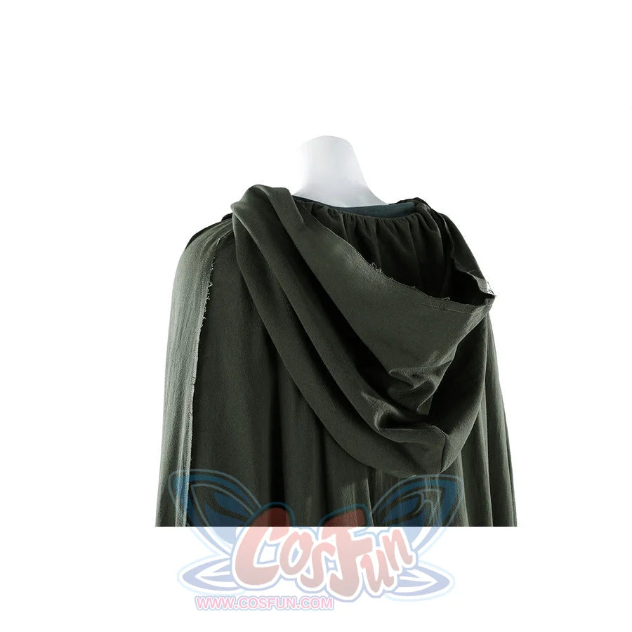 Close-up of Dunk cosplay green cloak hood from behind, showing gathered fabric and hood construction.