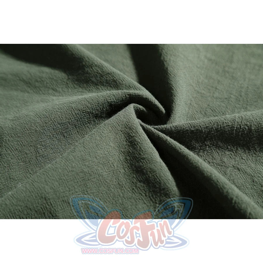 Close-up of Dunk cosplay dark olive-green cloak fabric showing natural linen-like weave and texture.