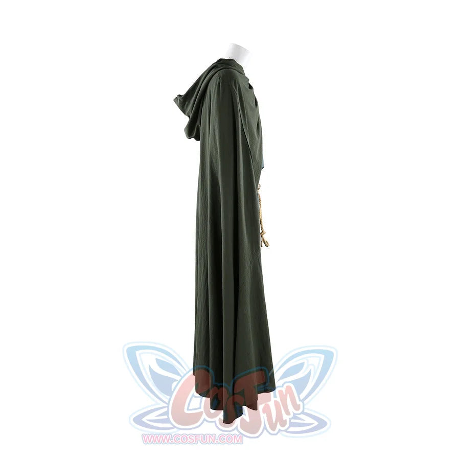 Side profile view of Dunk cosplay green hooded cloak on mannequin, showing full length and silhouette.