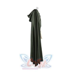 Side profile view of Dunk cosplay green hooded cloak on mannequin, showing full length and silhouette.
