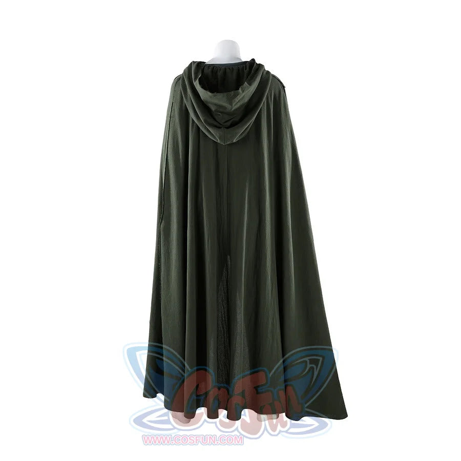 Full back view of Dunk cosplay dark green hooded cloak on mannequin, showing complete length from hood to hem.