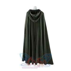 Full back view of Dunk cosplay dark green hooded cloak on mannequin, showing complete length from hood to hem.