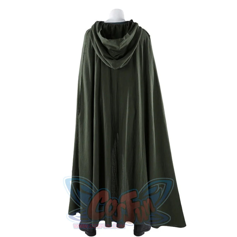 Back view of Dunk cosplay dark green hooded cloak on mannequin, showing full length and hood detail.