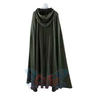 Back view of Dunk cosplay dark green hooded cloak on mannequin, showing full length and hood detail.