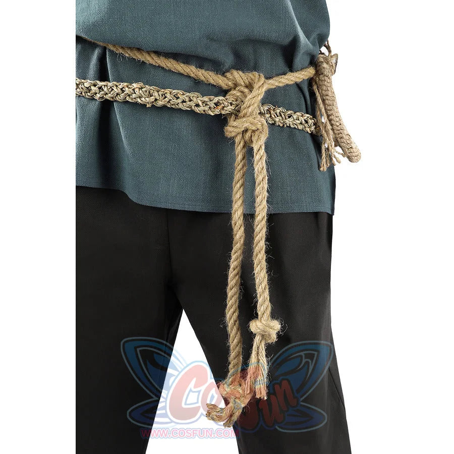 Dunk cosplay rope belt tied at waist with long dangling rope ends hanging over black pants, front view.
