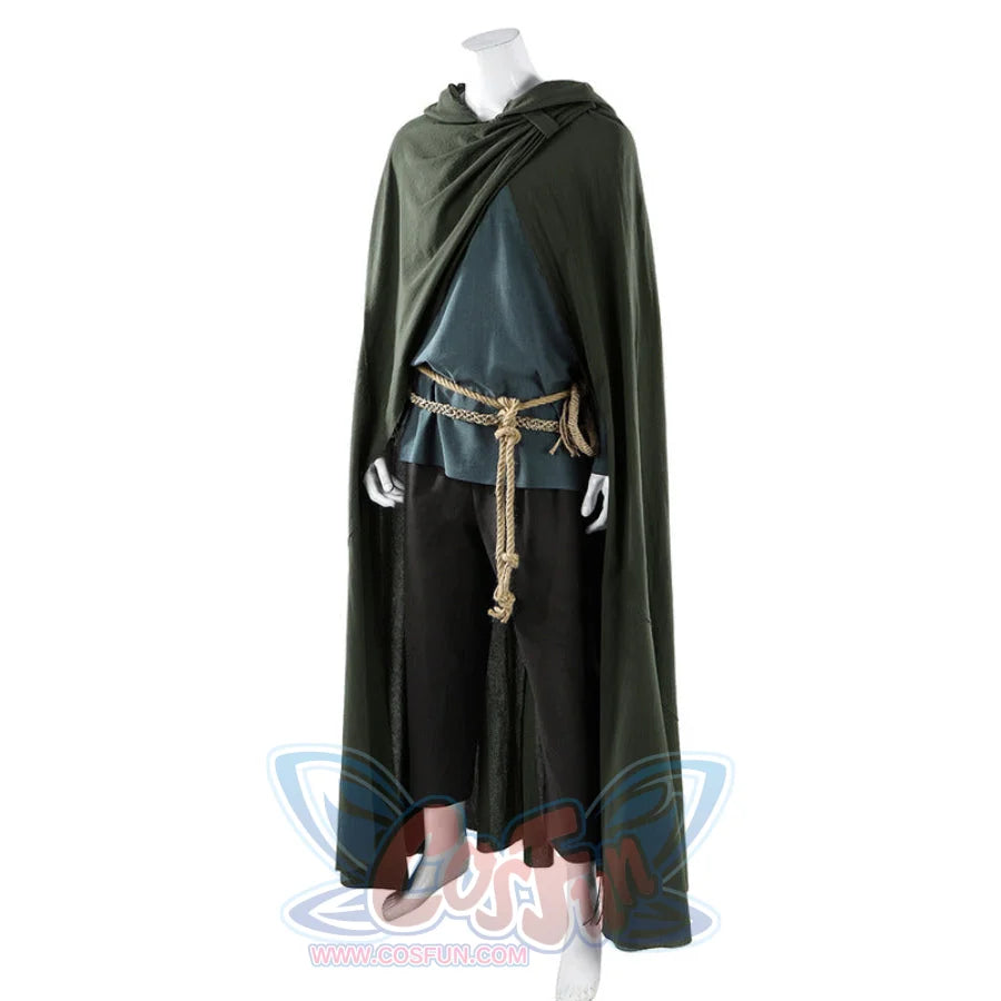 Side view of Dunk cosplay costume showing green cloak over shoulder, blue tunic, rope belt, and black pants.