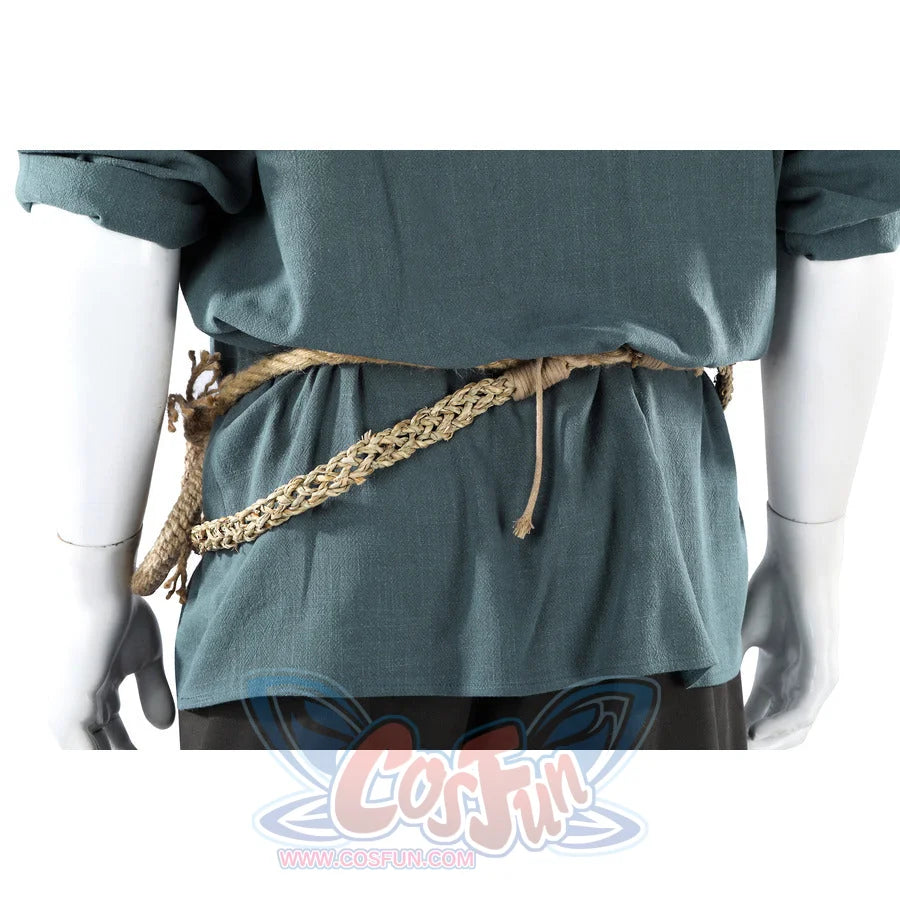 Mid-section view of Dunk cosplay blue tunic with braided rope belt loosely tied at the waist area.