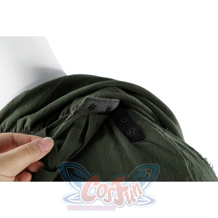 Hand holding Dunk cosplay green cloak collar open to show snap button fastening detail at neckline.