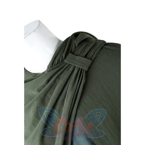 Close-up of Dunk cosplay green cloak gathered and knotted at the shoulder, showing drape detail.