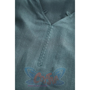 Macro view of Dunk cosplay blue tunic V-neckline showing fine stitching and linen fabric weave texture.