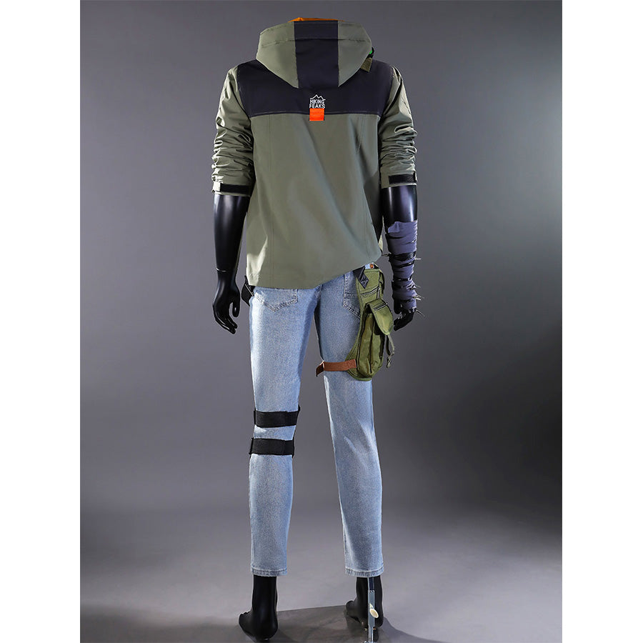 Back view of Kyle Crane cosplay costume showing olive hoodie with orange pouch, wrapped forearms, green waist bag, and black knee pad