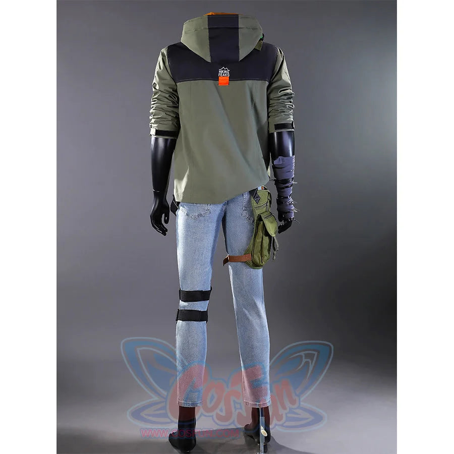 Full-body front view of Kyle Crane cosplay costume featuring olive green jacket with orange accents, light blue jeans, black knee pad, and tactical accessories