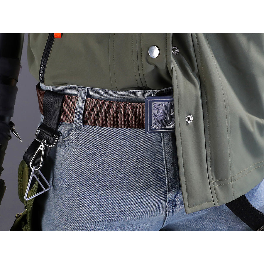 Close-up of Kyle Crane cosplay costume brown belt with decorative buckle, triangle carabiner, and green waist pouch