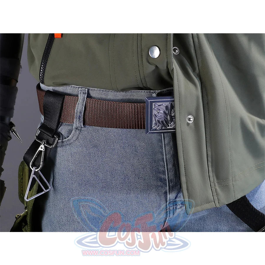Close-up of Kyle Crane cosplay costume brown belt with decorative buckle, triangle carabiner, and green waist pouch