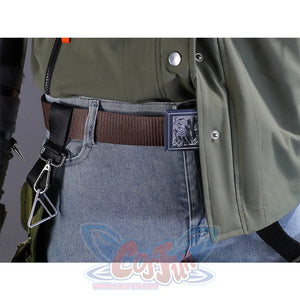Close-up of Kyle Crane cosplay costume brown belt with decorative buckle, triangle carabiner, and green waist pouch