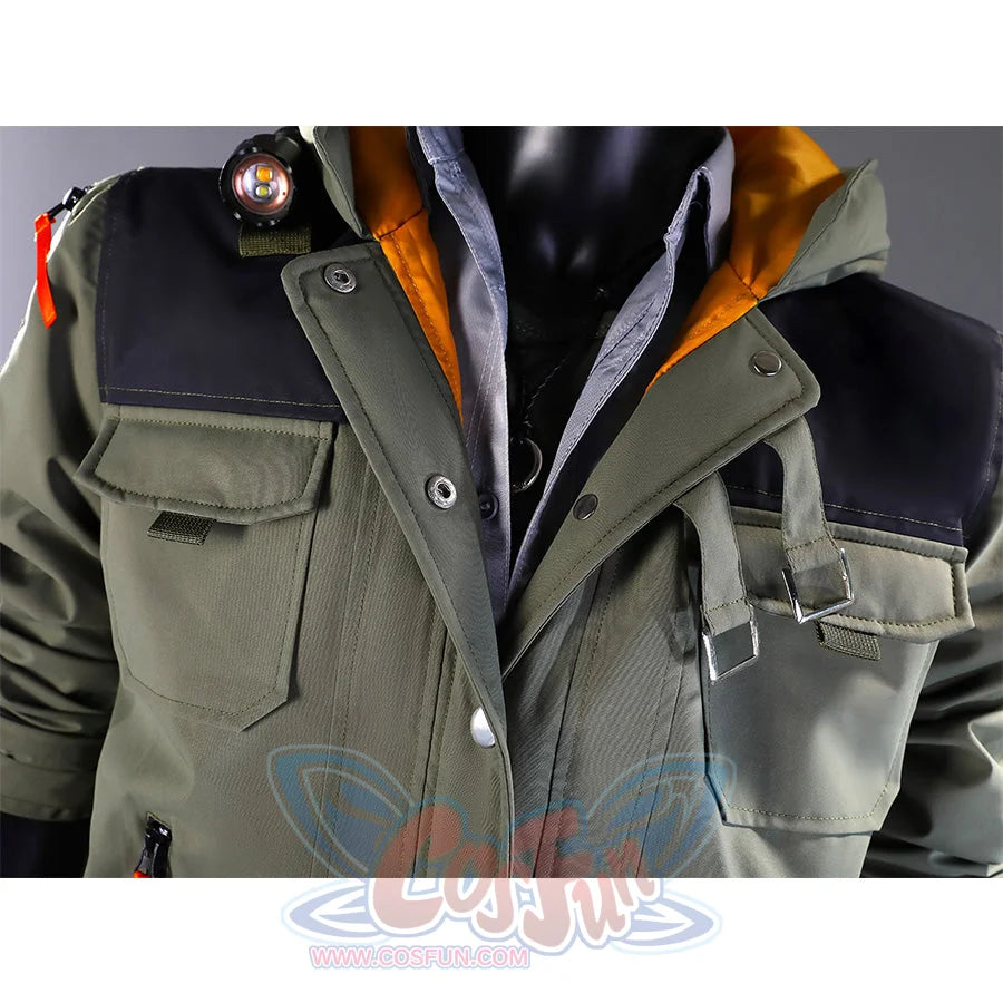 Detailed view of Kyle Crane cosplay costume olive green jacket with multiple chest pockets, waist bag, and orange shoulder accents