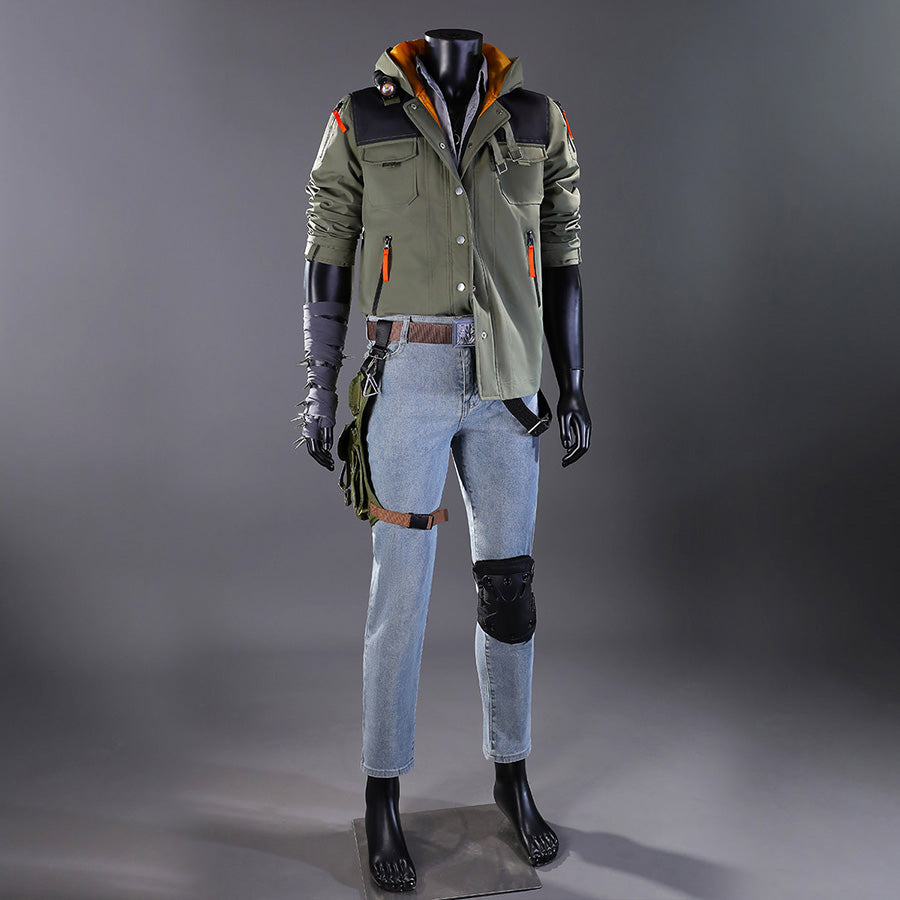 Full-body front view of Kyle Crane cosplay costume featuring olive green jacket with orange accents, light blue jeans, black knee pad, and tactical accessories