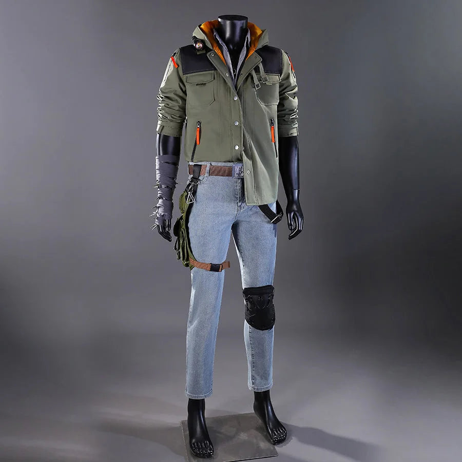 Full-body front view of Kyle Crane cosplay costume featuring olive green jacket with orange accents, light blue jeans, black knee pad, and tactical accessories