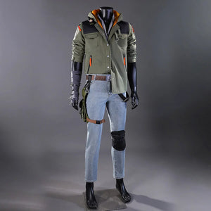 Full-body front view of Kyle Crane cosplay costume featuring olive green jacket with orange accents, light blue jeans, black knee pad, and tactical accessories