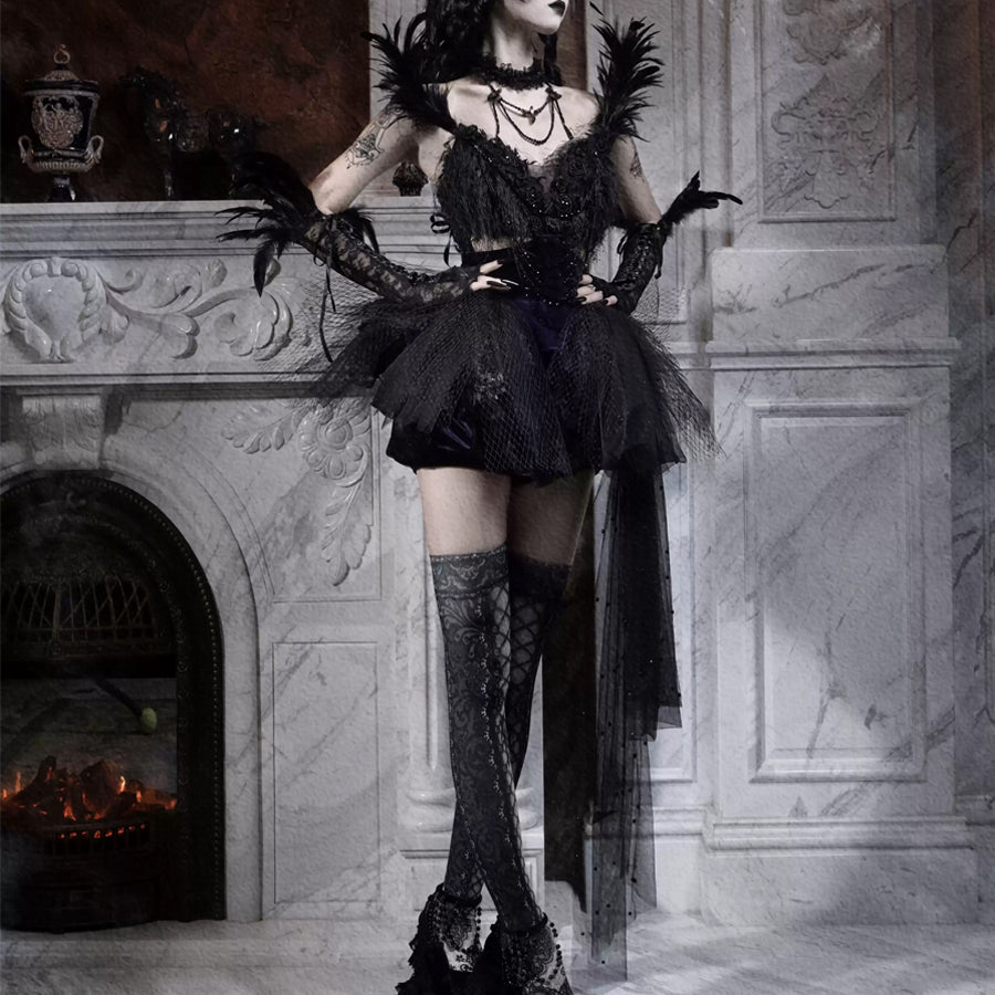 Elegy Day Gothic Feather Rhinestone Velvet Dress