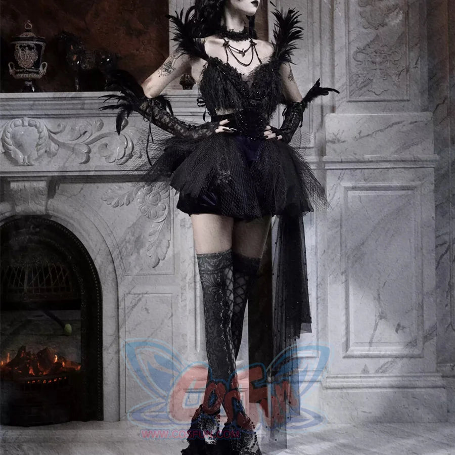 Elegy Day Gothic Feather Rhinestone Velvet Dress