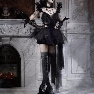 Elegy Day Gothic Feather Rhinestone Velvet Dress