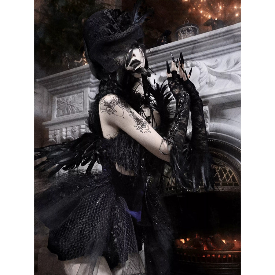 Elegy Day Gothic Feather Rhinestone Velvet Dress