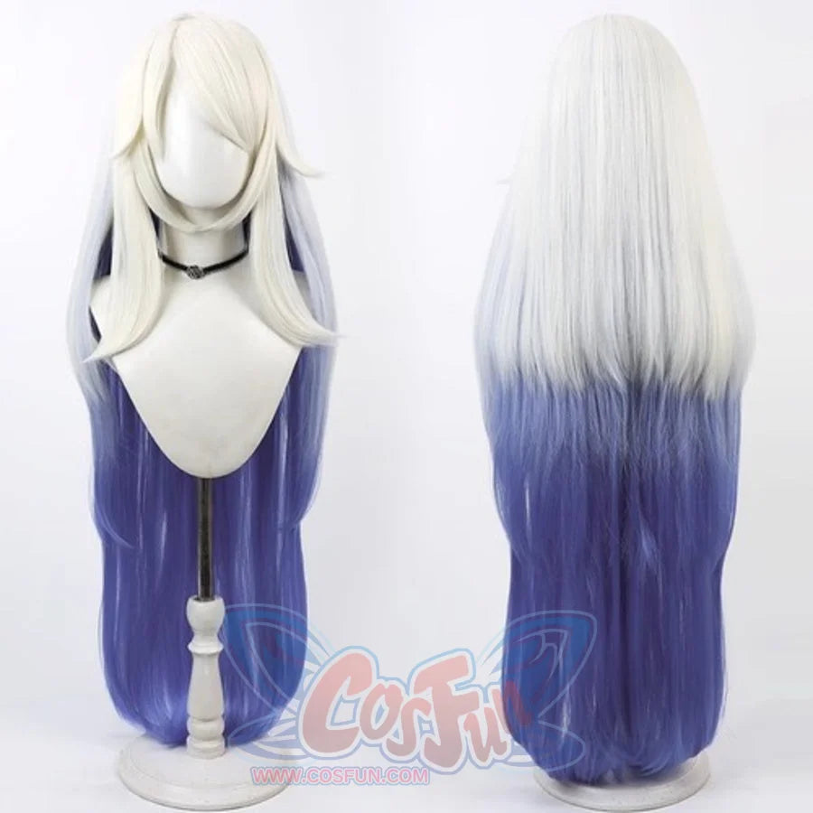 Hazbin Hotel Emily cosplay wig, front and back views showing long white to blue gradient hair