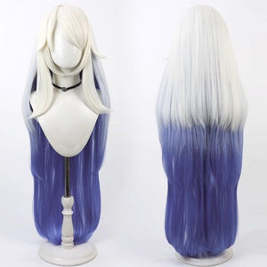 Hazbin Hotel Emily cosplay wig, front and back views showing long white to blue gradient hair