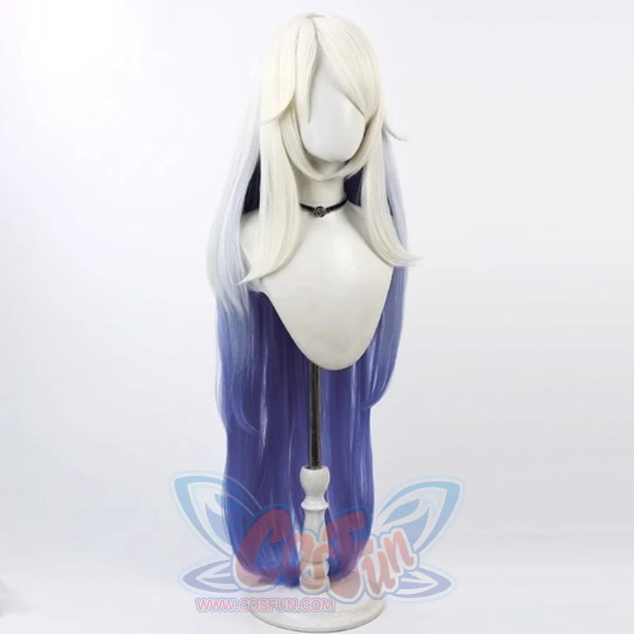 Hazbin Hotel Emily cosplay wig, long white to deep blue gradient hair, front view on mannequin