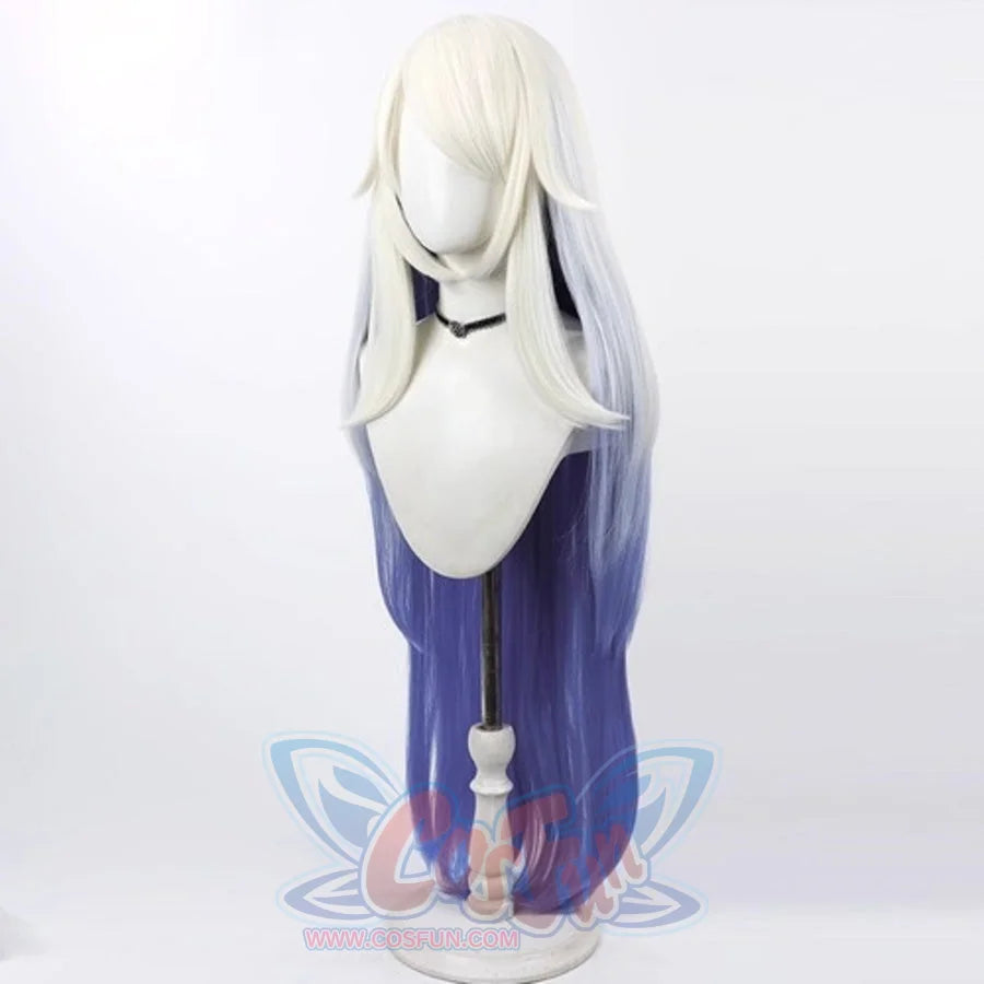 Hazbin Hotel Emily cosplay wig, long white to blue gradient hair, angled view on mannequin