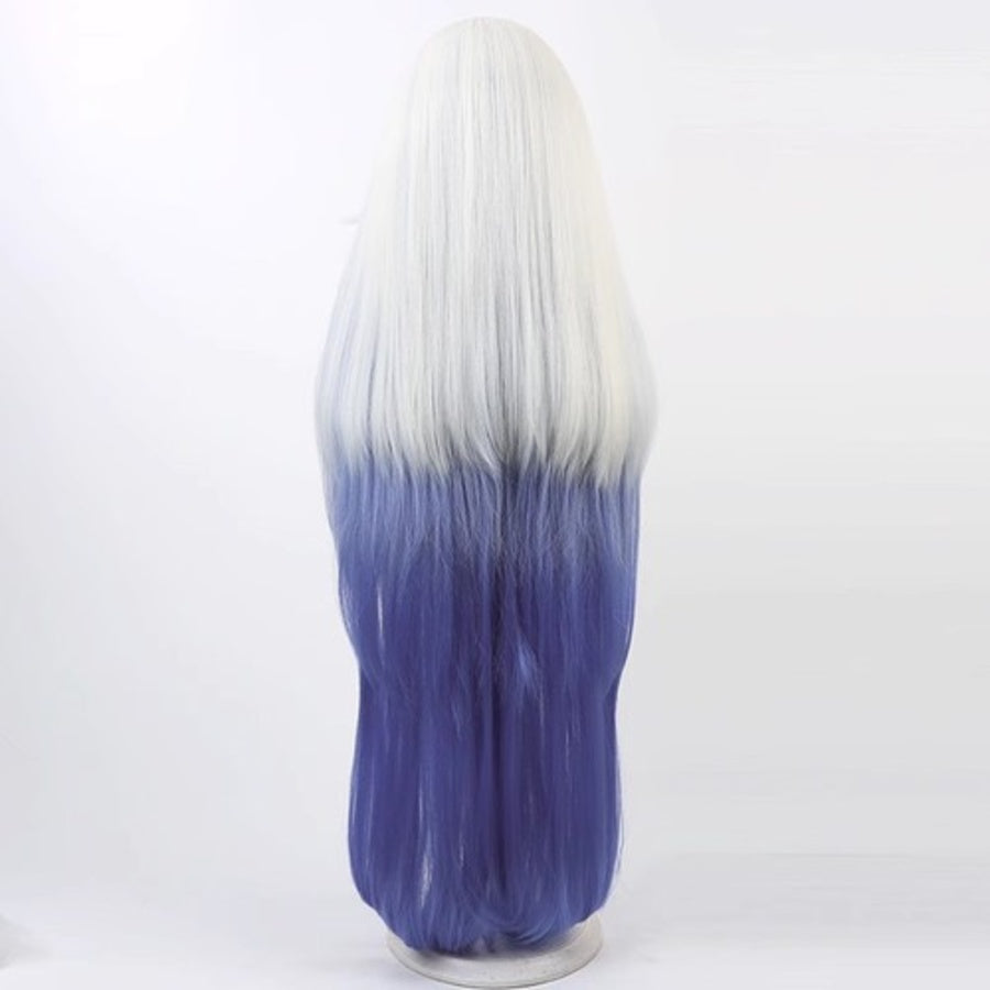Hazbin Hotel Emily cosplay wig back view, long straight white to deep blue gradient hair