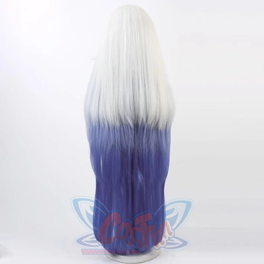 Hazbin Hotel Emily cosplay wig back view, long straight white to deep blue gradient hair