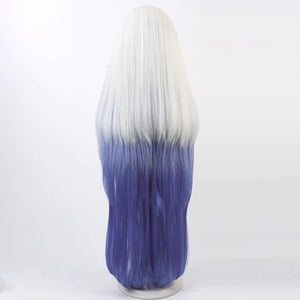 Hazbin Hotel Emily cosplay wig back view, long straight white to deep blue gradient hair