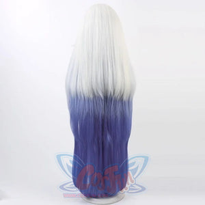 Hazbin Hotel Emily cosplay wig back view, long straight white to deep blue gradient hair