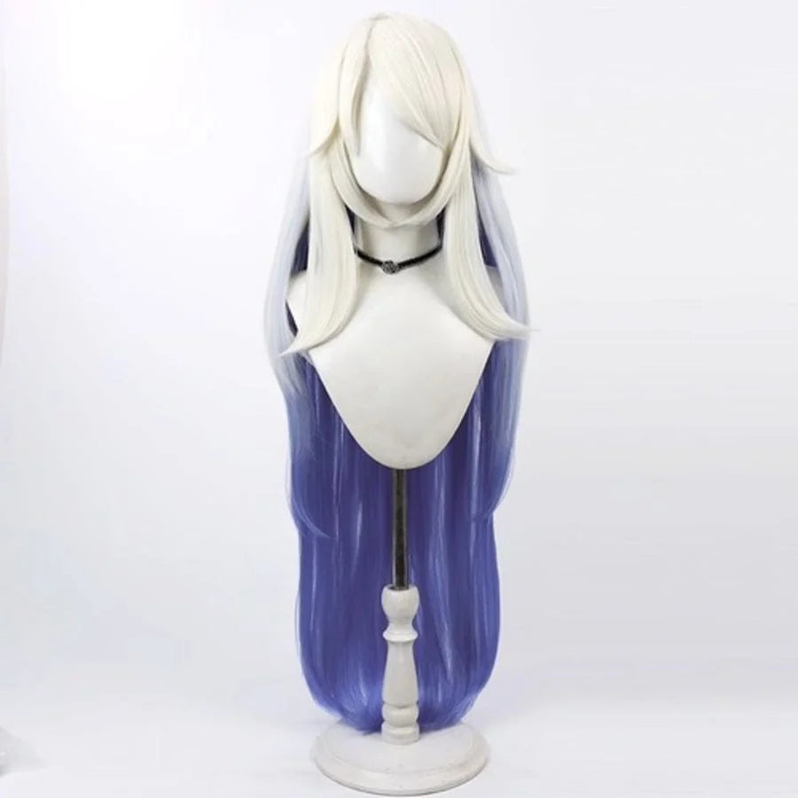Hazbin Hotel Emily cosplay wig, long white to deep blue gradient hair, front view on mannequin